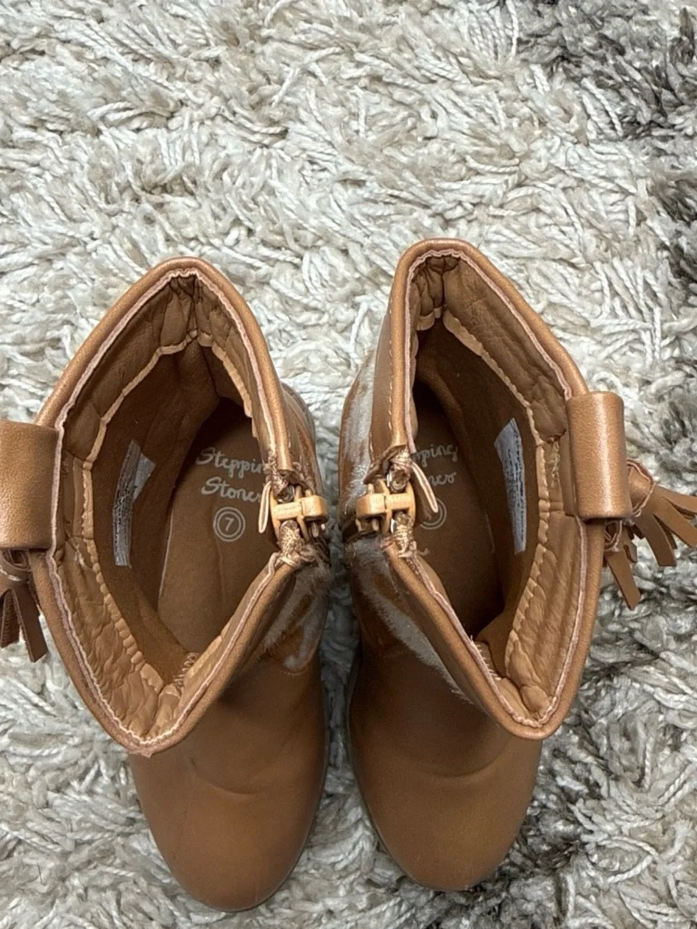 Girls Tan Cowhide-Accent Ankle Boots with Tassel Zipper